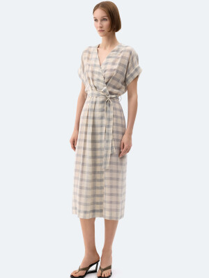 Grey Checkered Wrap Dress
