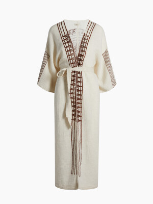 Crinkle Linen Brown Printed Kimono