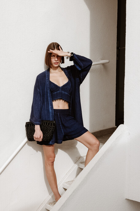 Linen Navy Short Kimono