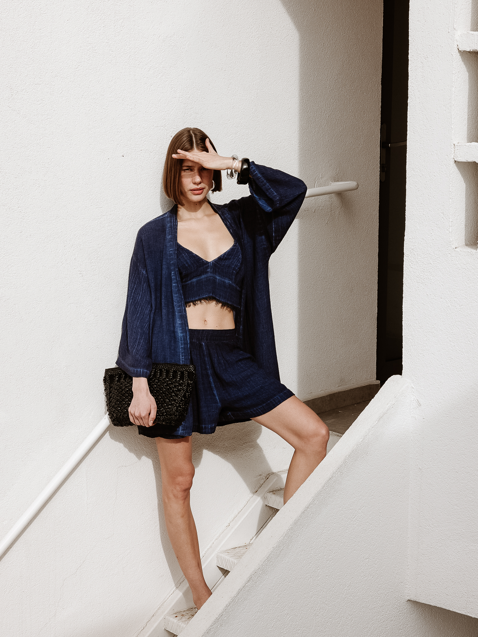 Linen Navy Short Kimono